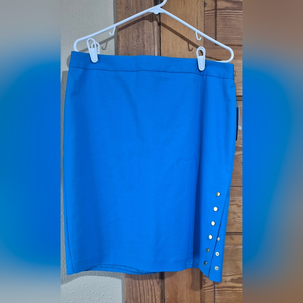 NWT Women's Worthington 14P Aqua Blue Pencil Skirt w/Gold Tone Side Snaps
